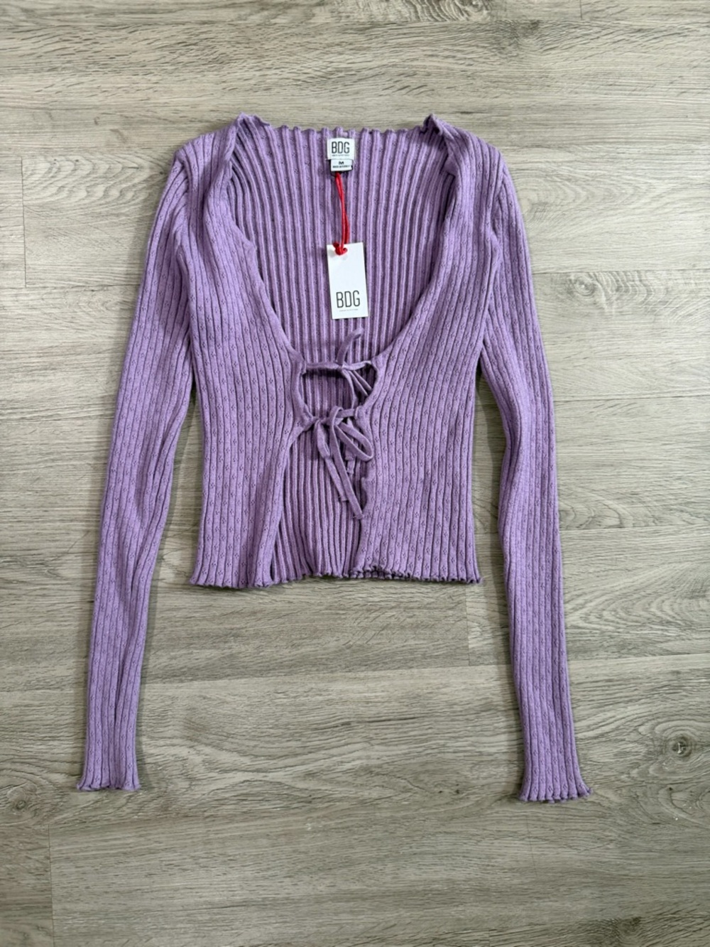 BDG Lavender Ribbed Tie-Front Long Sleeve Top